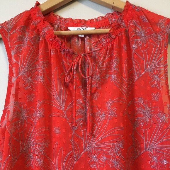 ALFRED SUNG Orange and Grey Floral Voile Sleeveless Tie Up Blouse - Picture 3 of 14